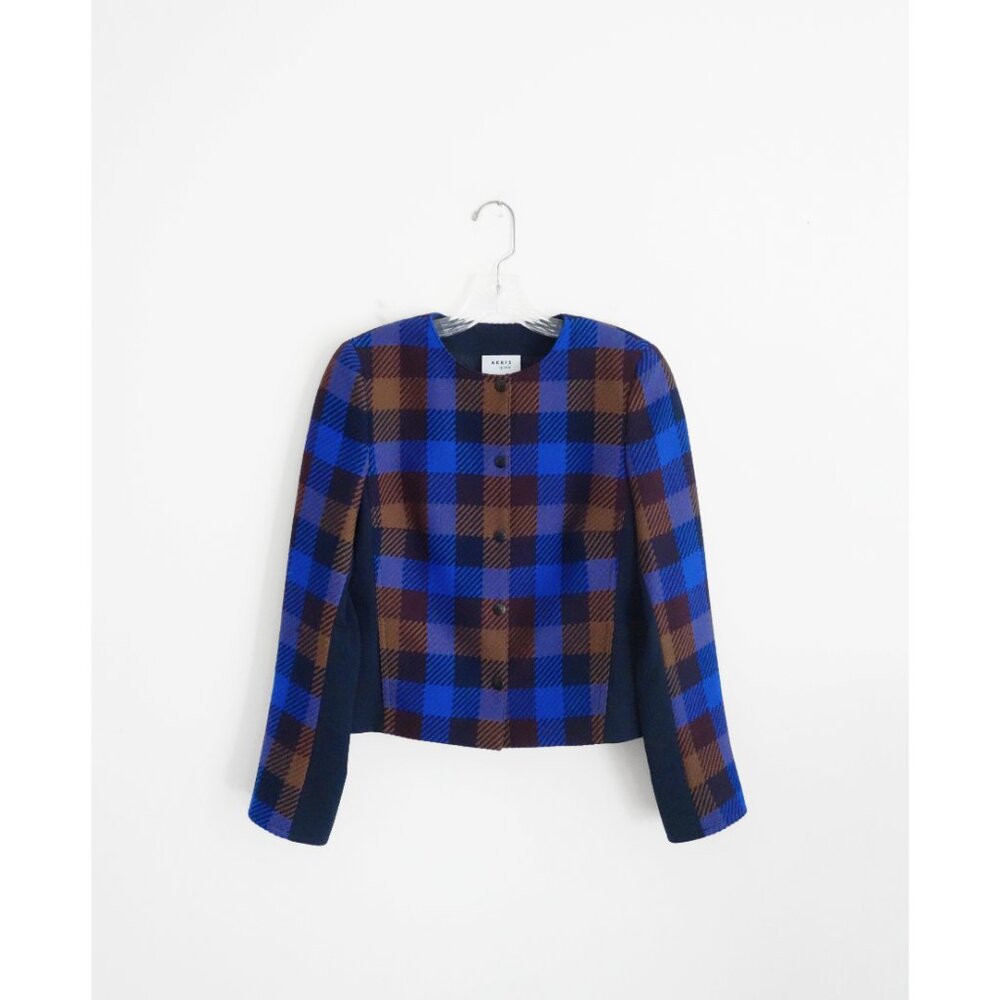 Akris Punto Blue Black Brown Plaid Wool Blazer size DE 38 US 8